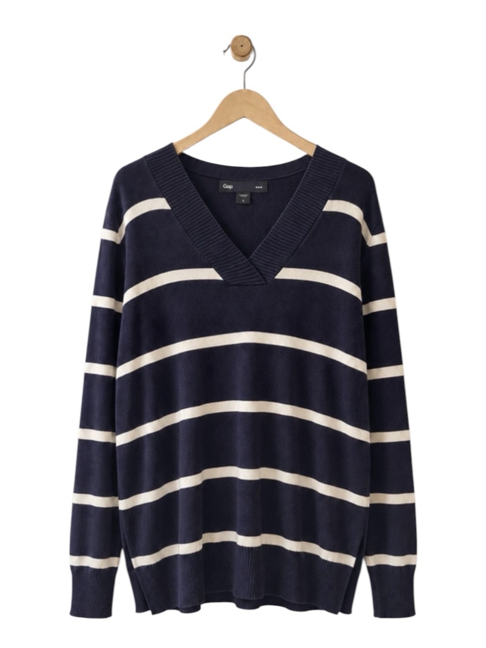 GAP Navy and White Striped V‑Neck Pullover